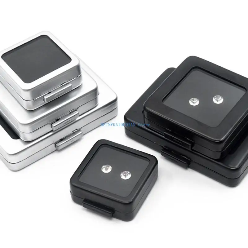 

C1FE Square Metal Bare Diamond Display Jewelry Storage Gift Gemstones Box Silver Black Soft Sponge Cushion Loose