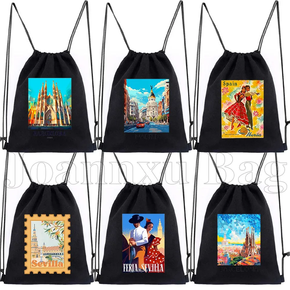 

Vintage Seville Malaga Barcelona Spain Pop Art Travel Print Gifts Canvas Drawstring Bags Soccer Backpack Gym Sackpack String Bag