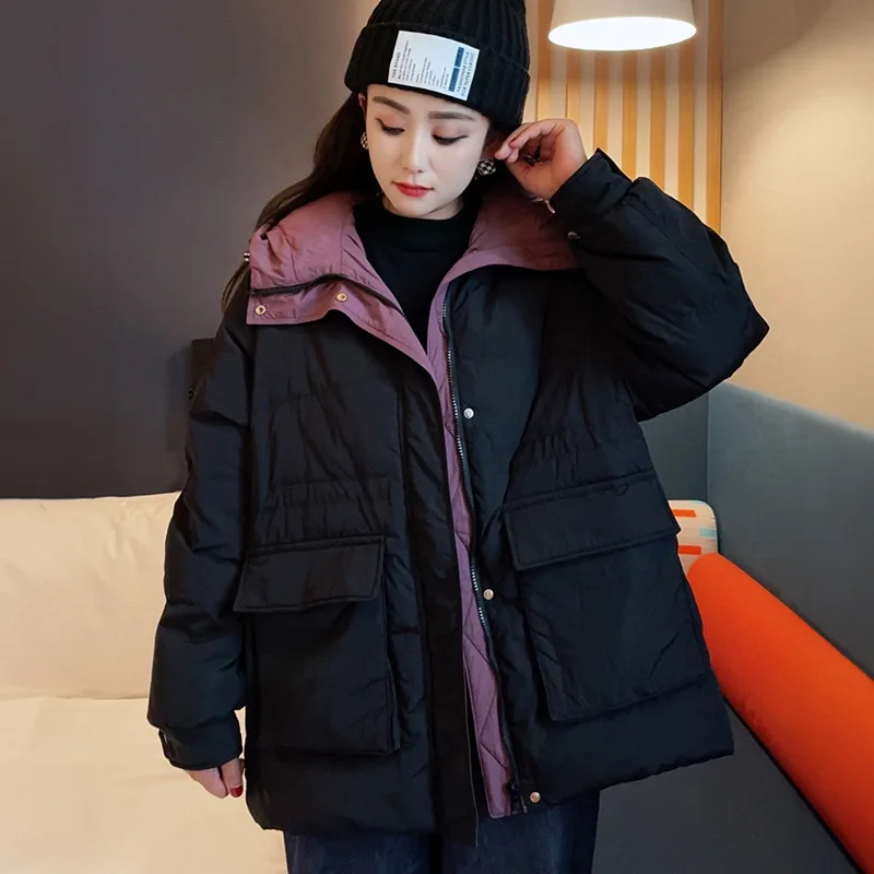 Women's Short Down Puffer Coats, Color Clash, Simple Casual Loose Parka, Thick Warm Hooded Snow Jackets, Winter Outerwear, New