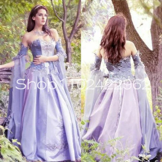 Lilac Lavender Medieval Prom Dresses Cape Fairy Sleeve Lace Chiffon Floral Lady Amalthea Costume Halloween Evening Gown