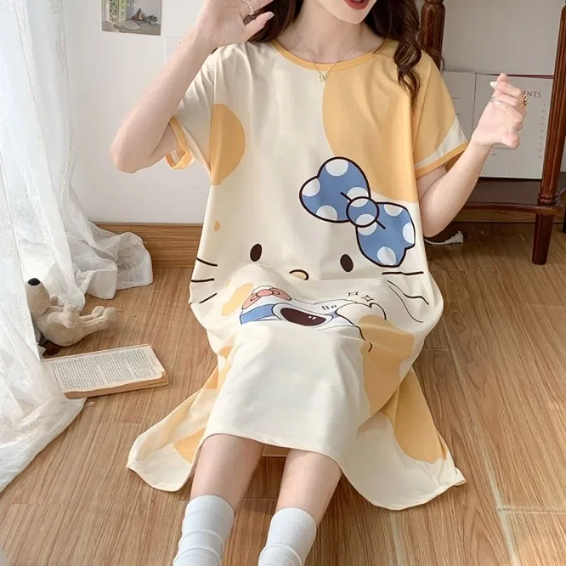 サンリオパジャマ女性の夏の新しいライトイエローハローキティパジャマドレス薄い緩いカジュアルな大きいサイズの学生部屋着