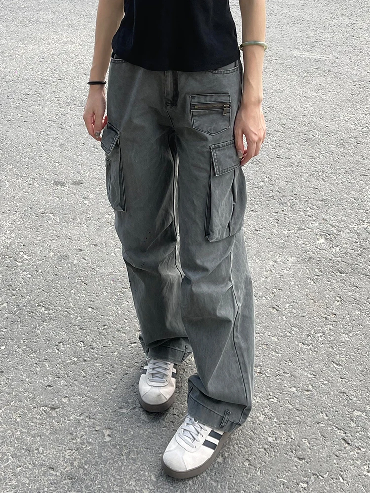 American Style Men's Workwear Pants Grey Casual Straight Leg Trousers Autumn Winter Fashionable Pocket Detail mid Waist