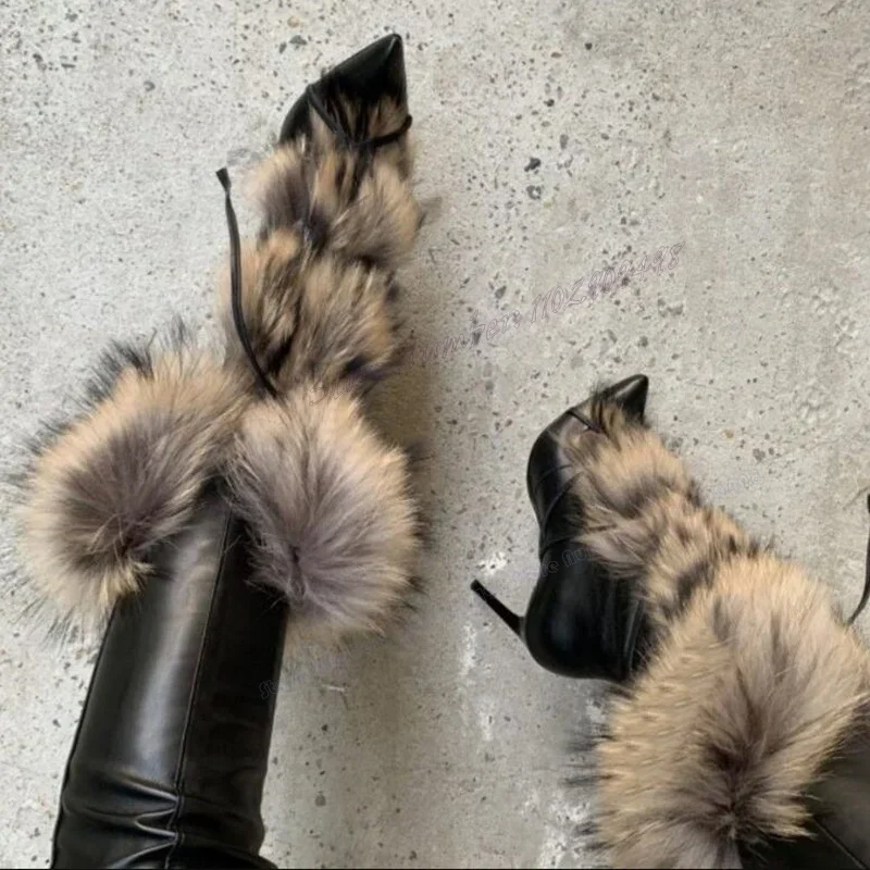 

Black Matte Leather Fur Decor Boots Mid Calf Cross Tied Pointy Toe Shoes for Women Thin High Heel Shoes 2023 Zapatos Para Mujere