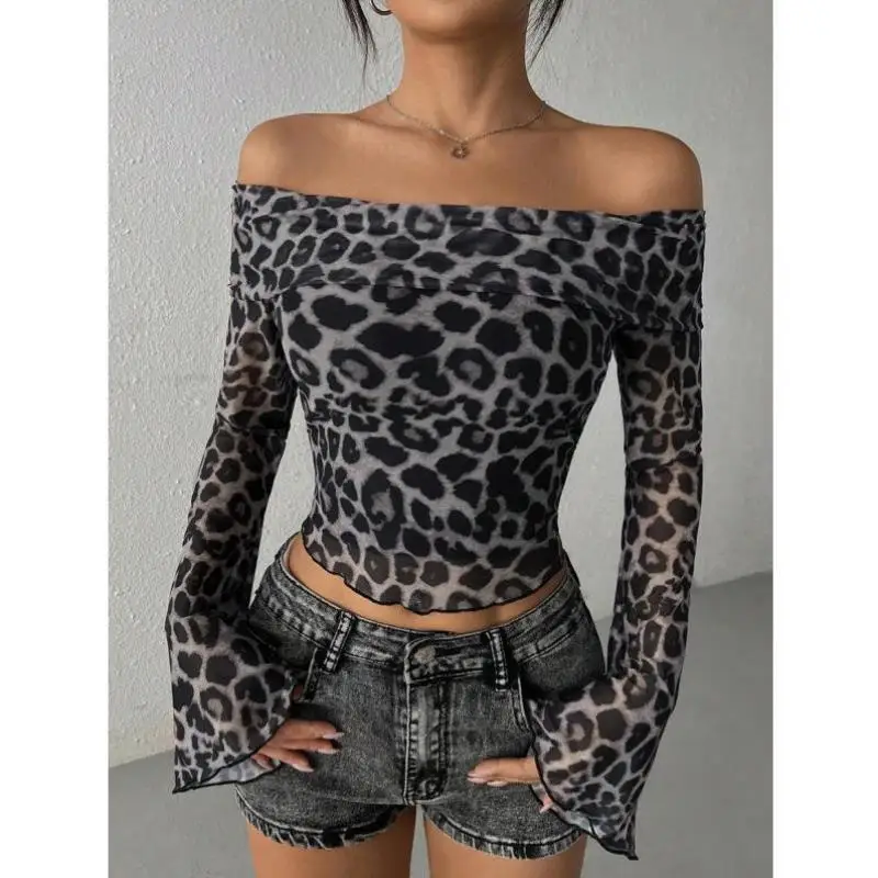 

Женский топ с леопардовым принтом Me oulder Bared Flared Sve 3403 Sle Faionable Casual Wear