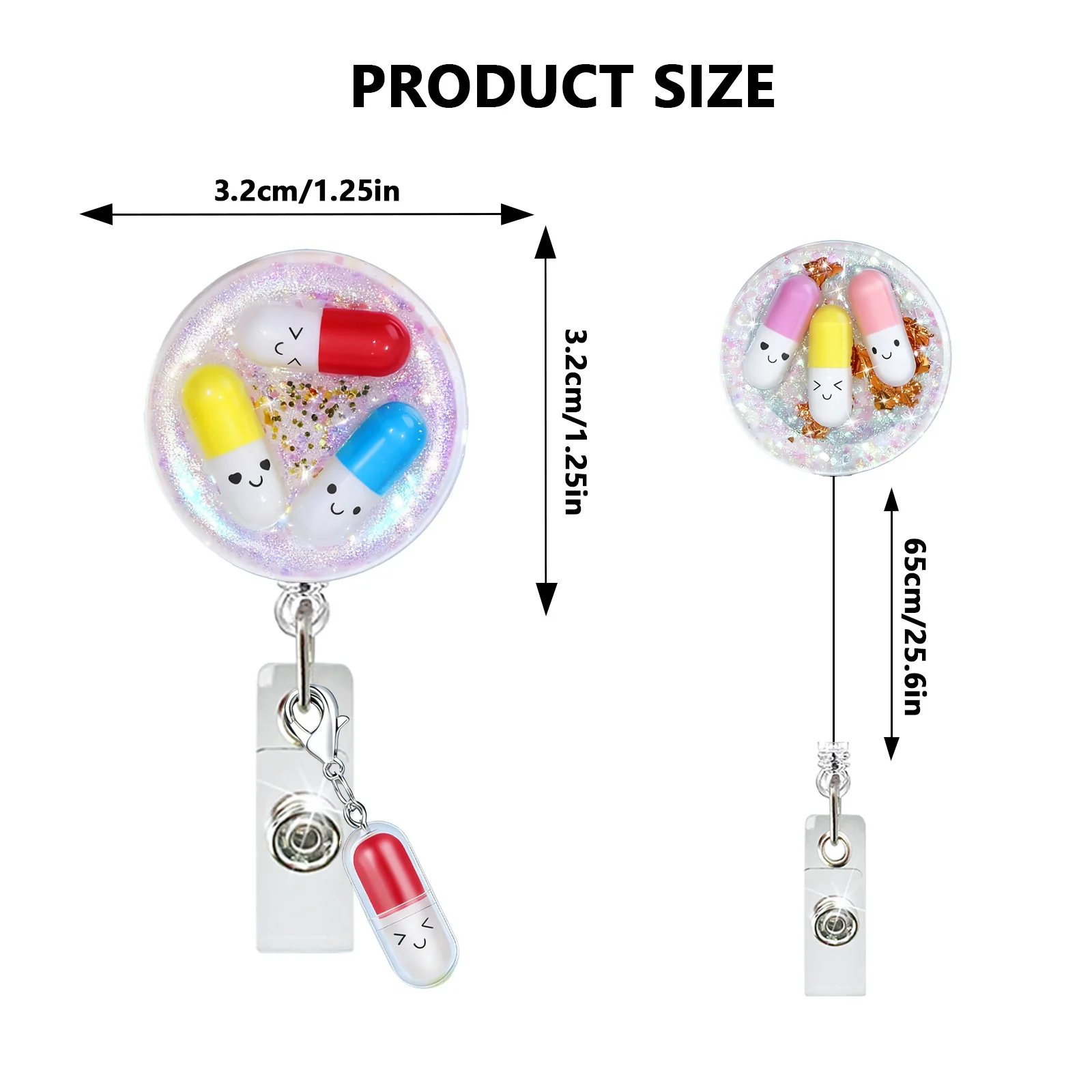 Glitter Pill Acrylic Rotatable Retractable Badge Reel, Alligator Clip ID Badge Holder, Gift for Medical Staff