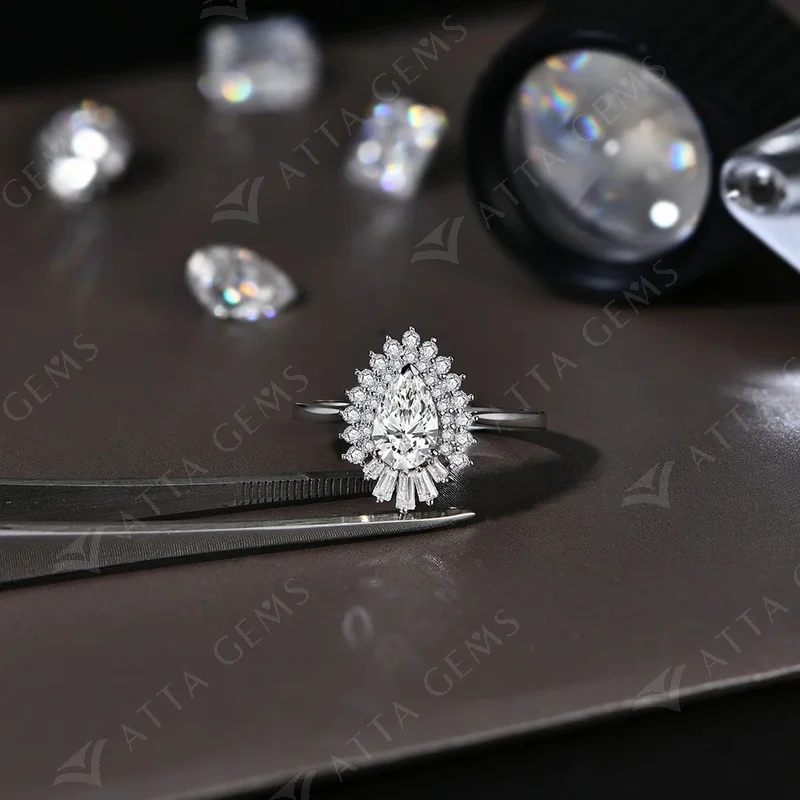 ATTAGEMS 925 Sliver Luxury Pear Cut 1.0CT Moissanite Diamond Ring for Women Solid 10K 14K 18K Jewelry White Gold Engagement Gift