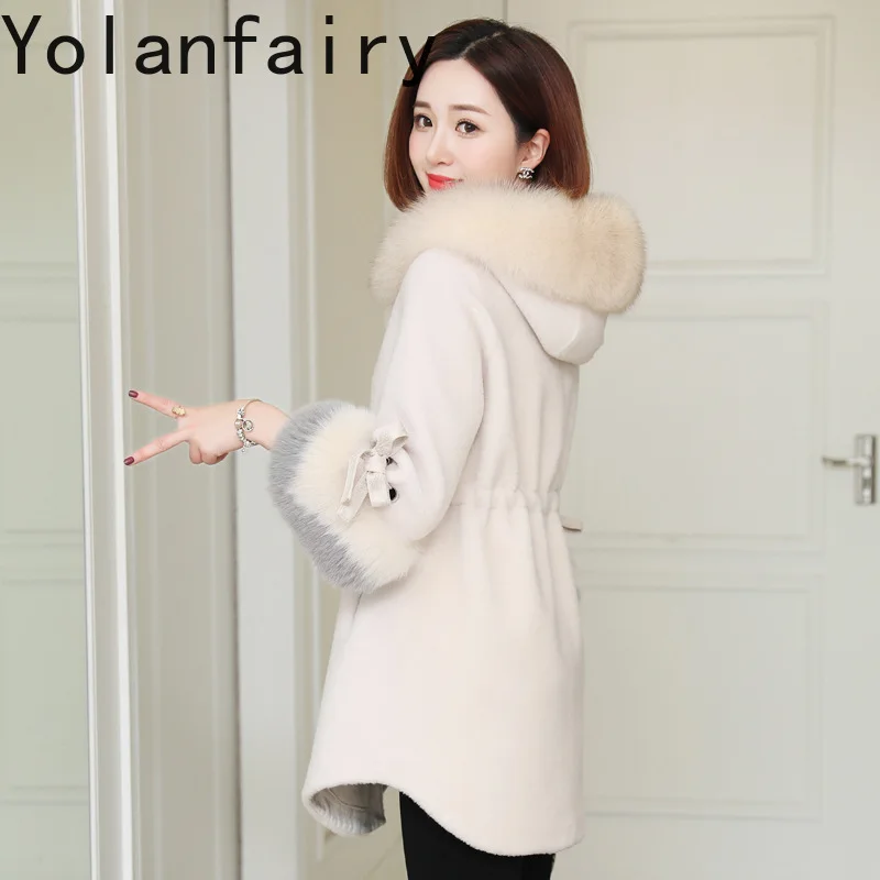 Yolanfairy Echte Wollen Kleding Voor Vrouwen Bont Overtreft Dames Casual Winter Mid-Long Shearling Coat Fox Collar Hooded Jassen Nieuw