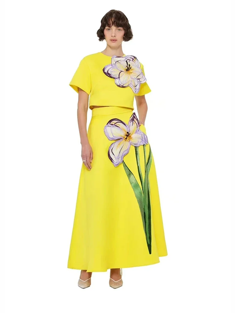 Feminino flor conjunto de duas peças sexy apliques o pescoço manga curta topo + cintura alta saia longa ternos festa à noite conjuntos celebridade