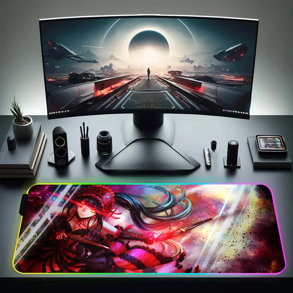 Tokisaki Kurumis RGB Pc Gamer Keyboard Mouse Pad Mousepad LED Glowing Mouse Mats Rubber Gaming Computer Mausepad