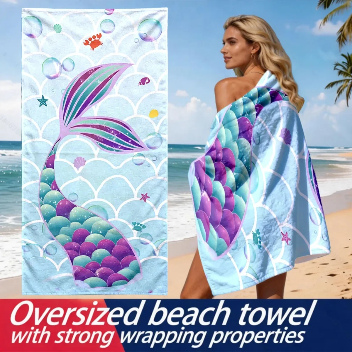 Gradually changing color mermaid tail polyester microfiber beach towel is highly absorbent, suitable swimming and beach outings