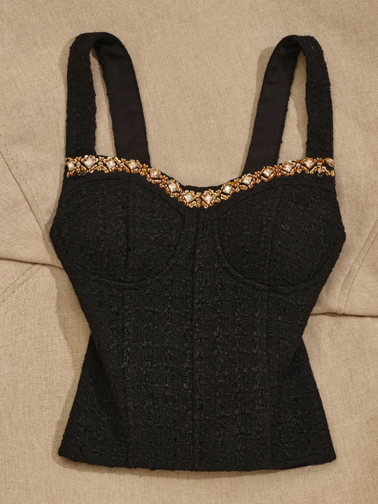 

Heavy Crystal Beaded Slip Top Women Padded Bust Slim Fit Shiny Sequin Layering Camisole