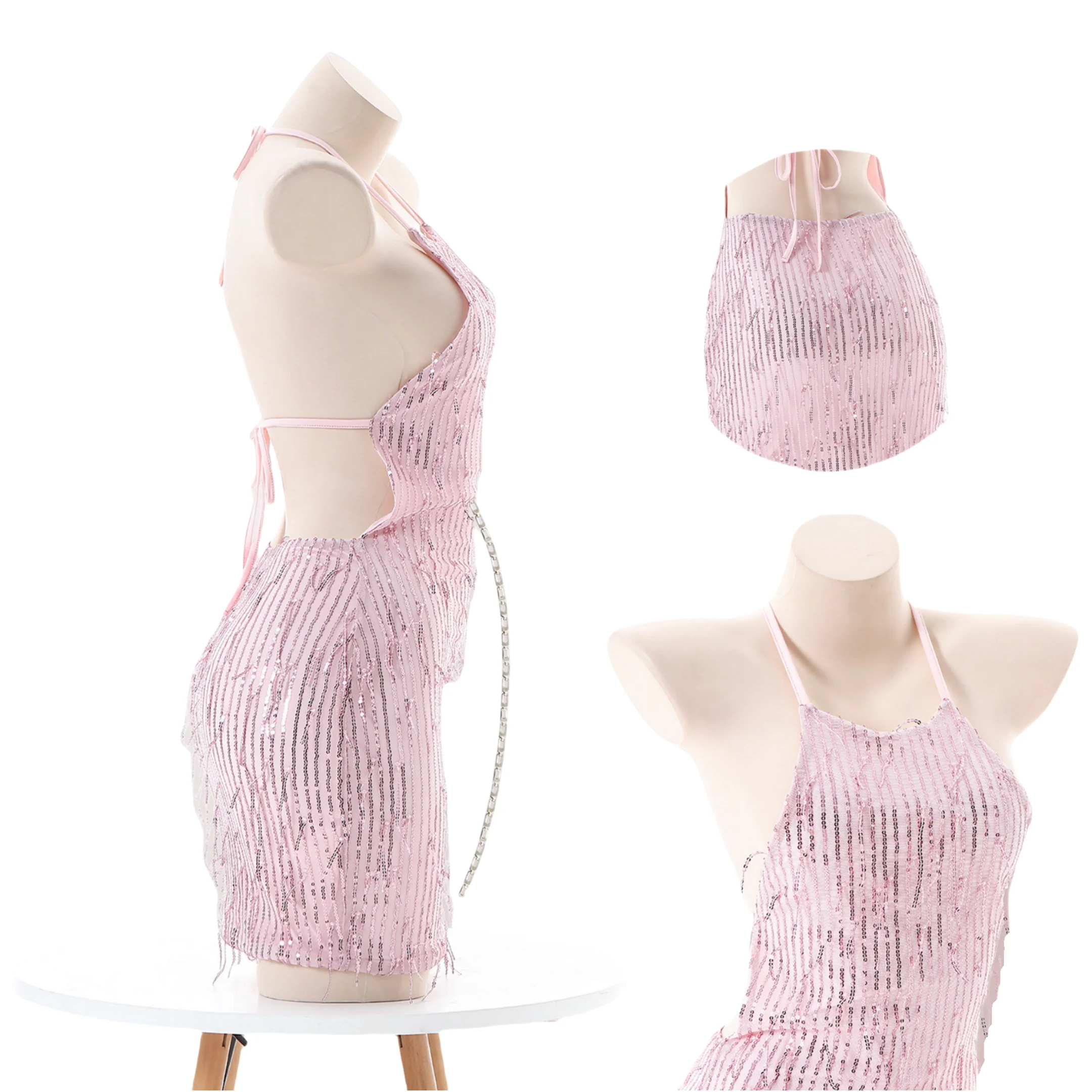 Sexy Pink Nightgown Women Shine Halter Sleeveless Backless Sequined Tassel Lace Up Mini Dress Summer Y2K Streetwear Party Outfit