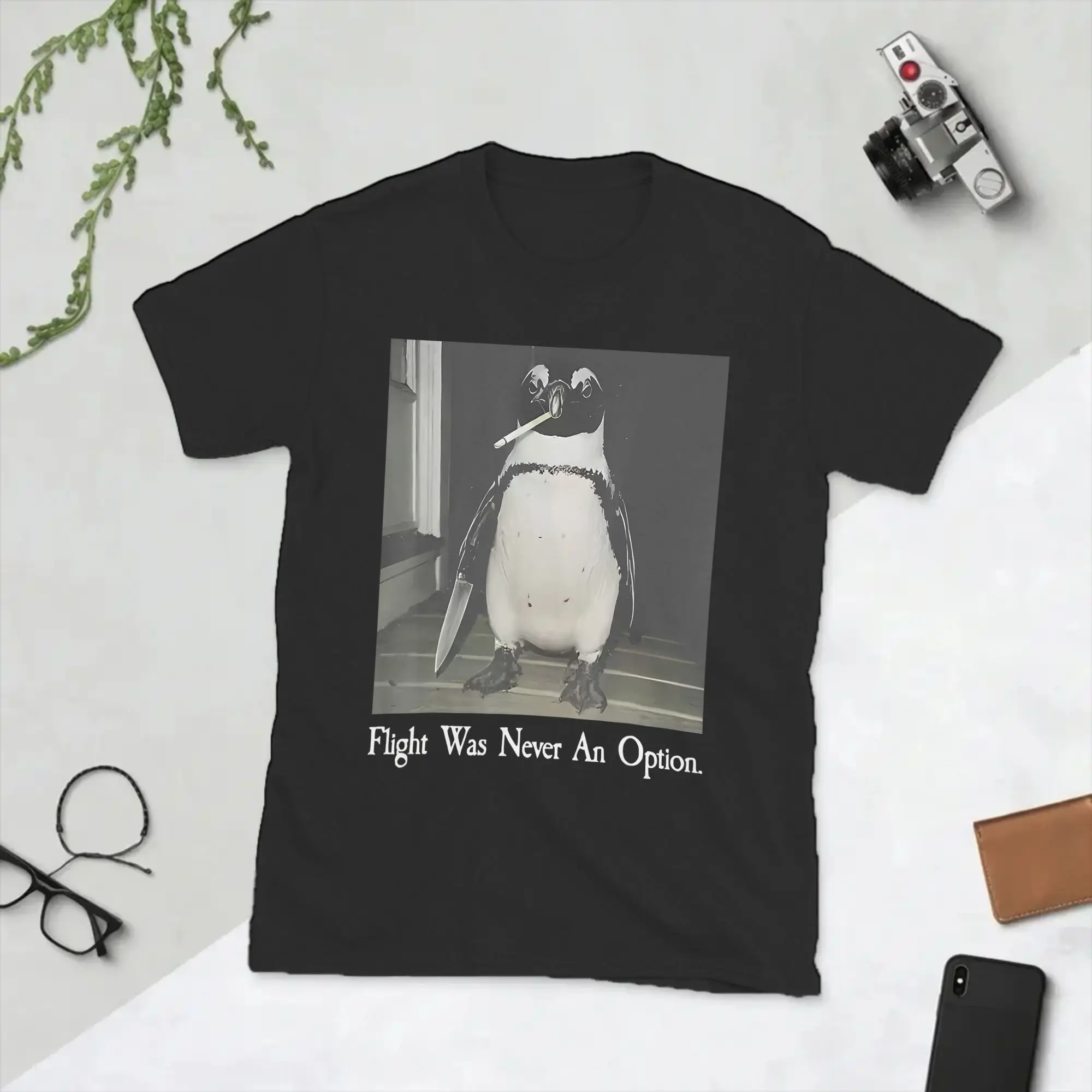 Flight was Never an Option Penguin Smoking T-Shirts Men Funny Bird Meme Cotton Tee Shirt Crew Neck Short Sleeve T Shirt Clothes