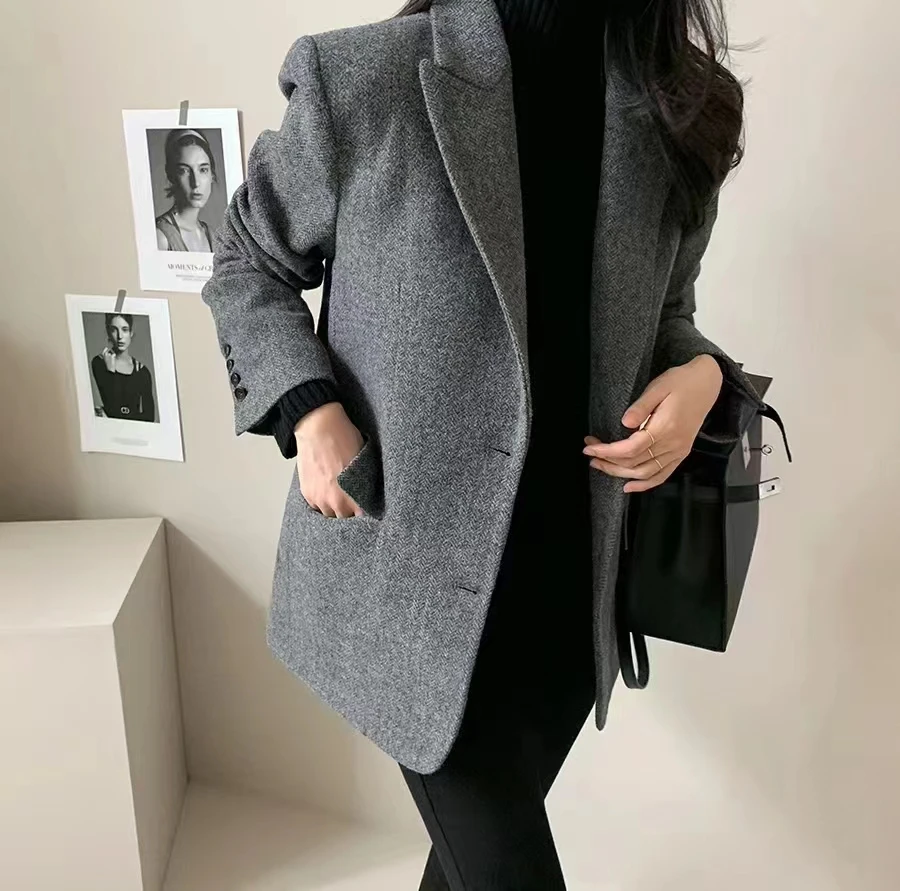 [EWQ] Office Lady Casual Woolen Blazer Coats All-match Single Breasted Outwear Women Winter Clothing 2024 Autumn New 16O1299