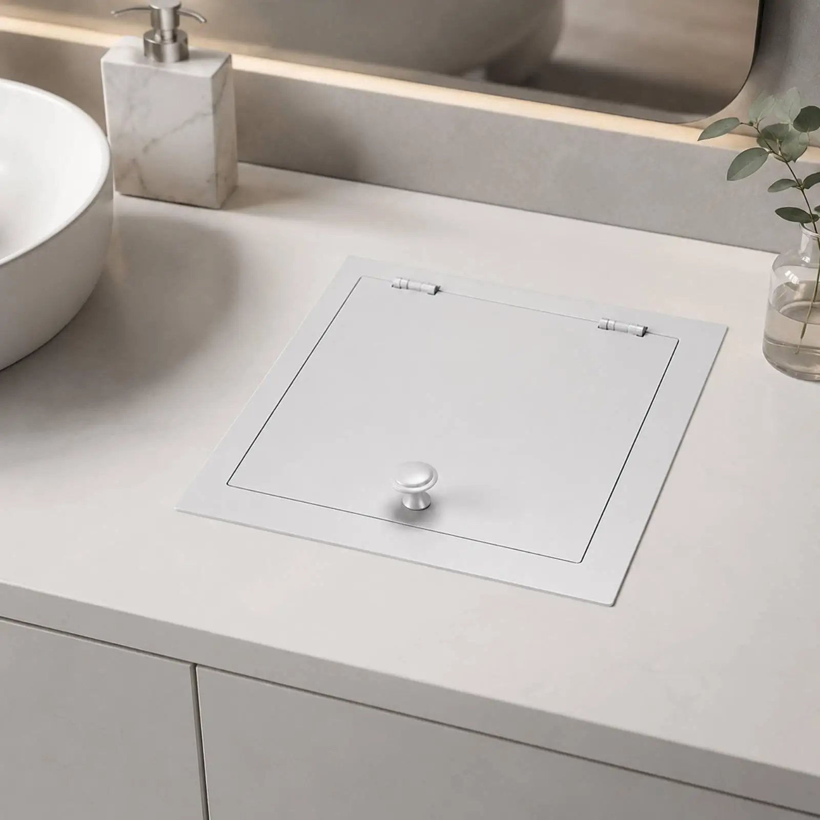 Durable Steel Kitchen Waste Lid Square Inset Trash Can Cover with Hinged Panel for Bathroom Counter Use