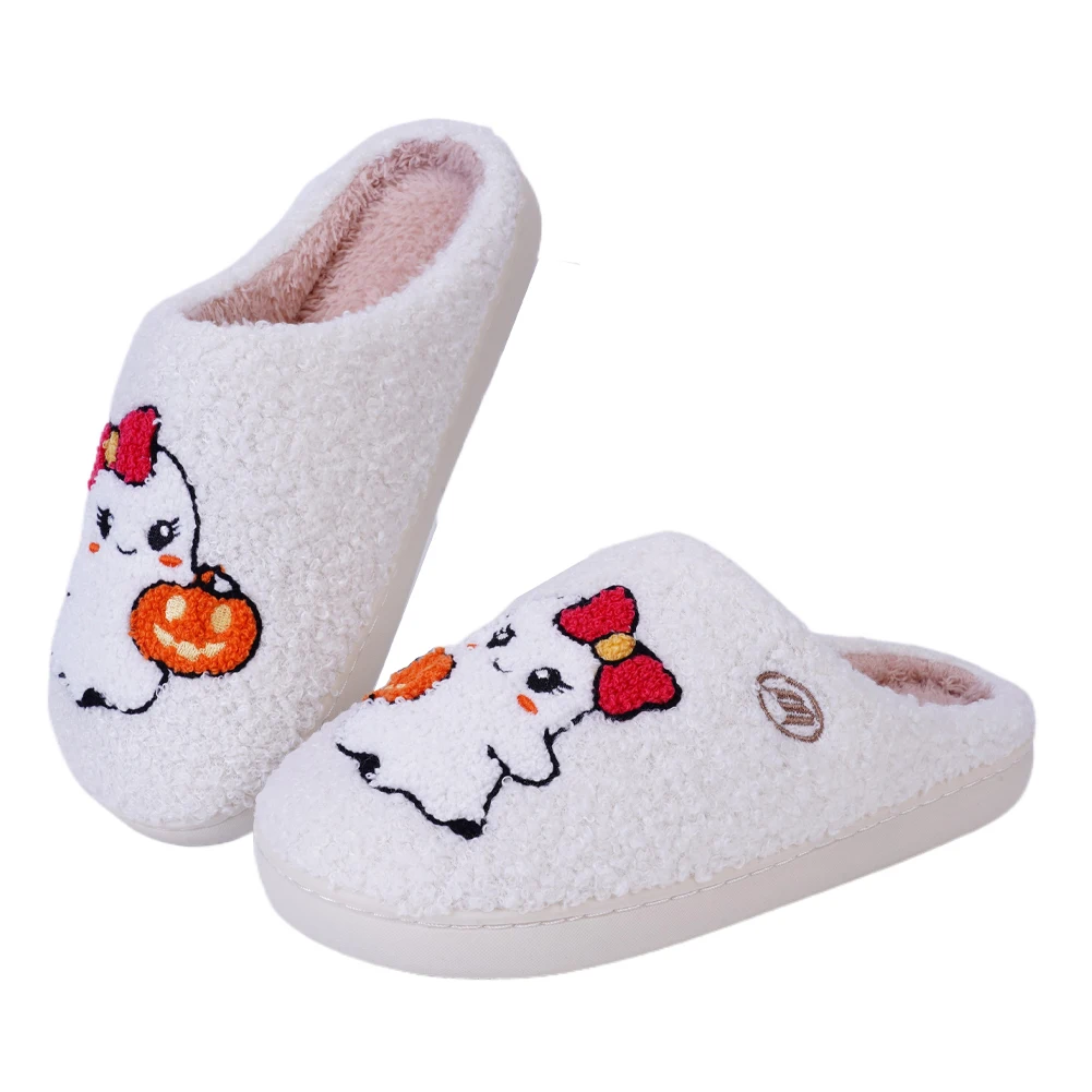 Sandal Rumah Boneka Hantu Lucu, Sandal Termal Datar, Sandal Rumah Bulu Halus yang Nyaman, Sandal Bulu Lembut Anti Selip untuk Kamar Tidur Dalam Ruangan