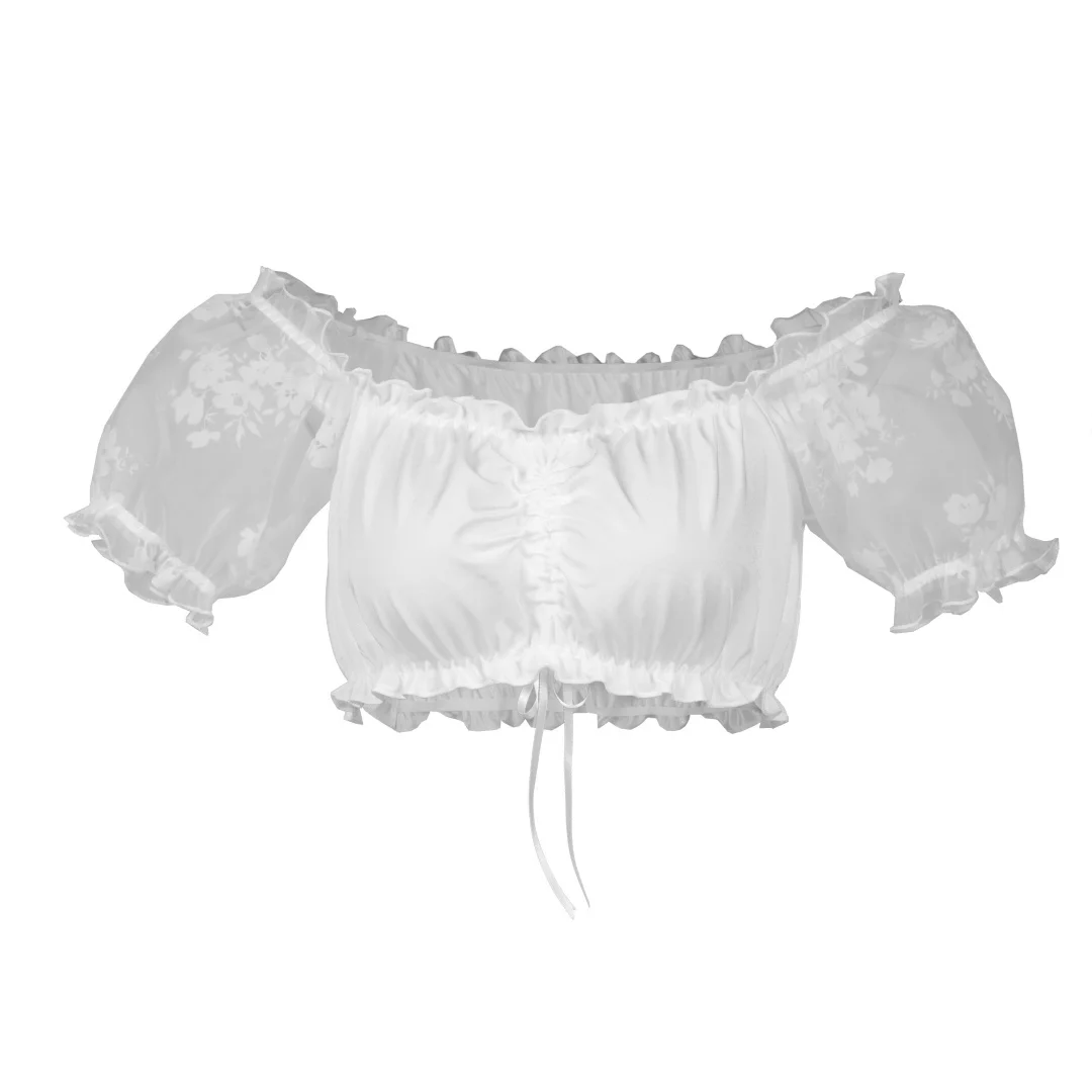 

Белая шифоновая блузка с открытыми плечами и цветочным принтом, с рукавами-фонариками, короткая готическая блузка, топ в викторианском стиле, женская одежда y2k в стиле Лолита