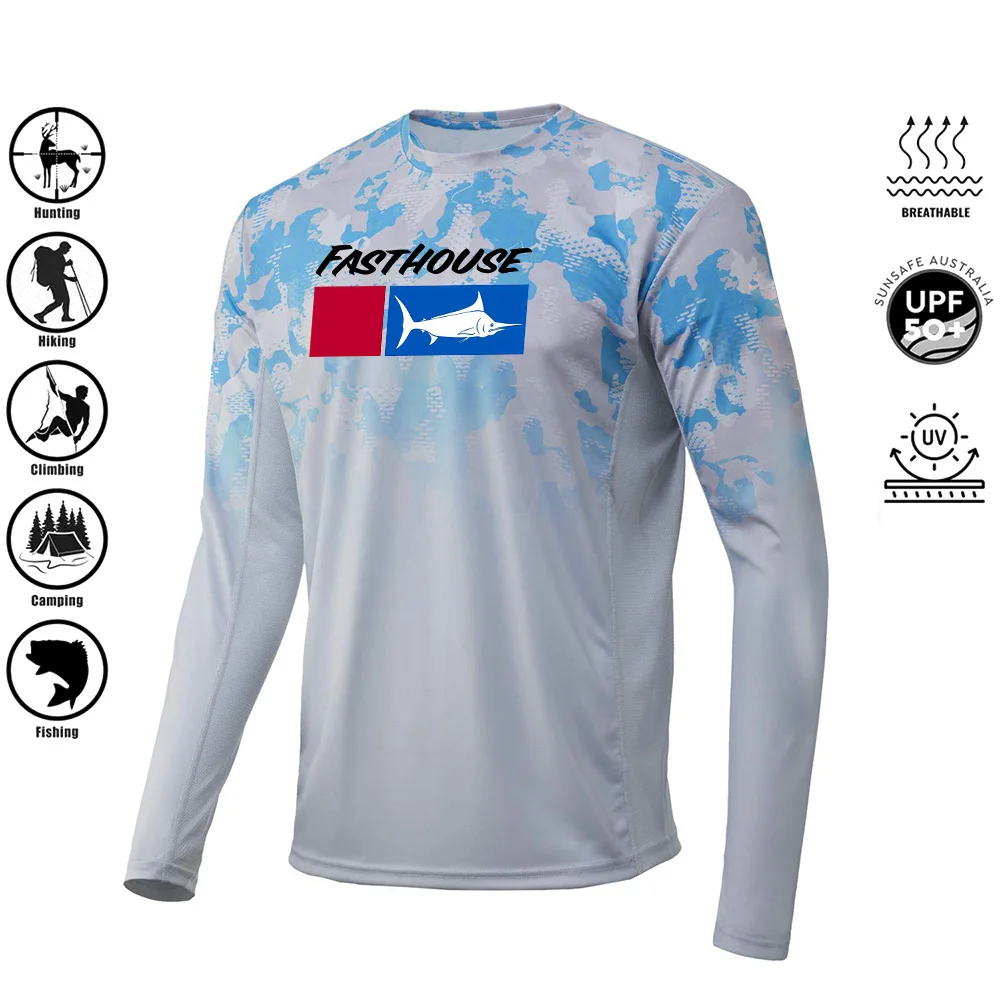 UPF50+ Fishing Shirt Long Sleevehunting Blue Camouflage 2024 Man Outdoor Moisture Wicking Jersey Fishing Apparel