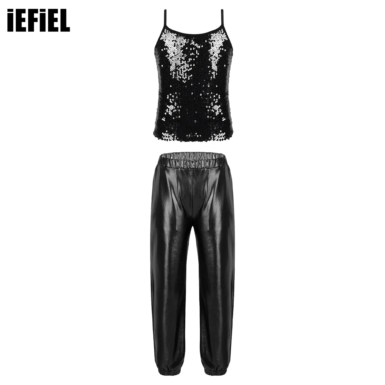 

Girls Jazz Dance Clothes Sets Kids Shiny Sequins Camisole Tank Top+Metallic Pants Streetwear Fashion Stage Performance Dancewear