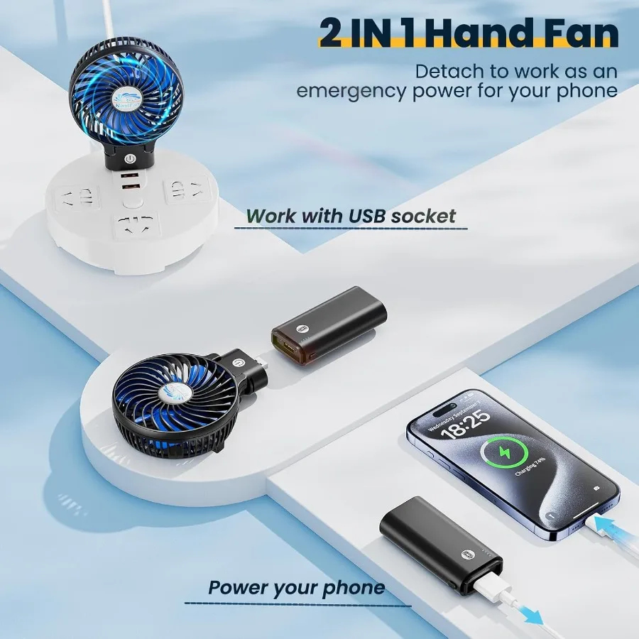 5200mAh Portable Handheld Fan Rechargeable with Power Bank3 Speeds Foldable Personal Cooling 2IN1 Hand Held Fan Battery Operate
