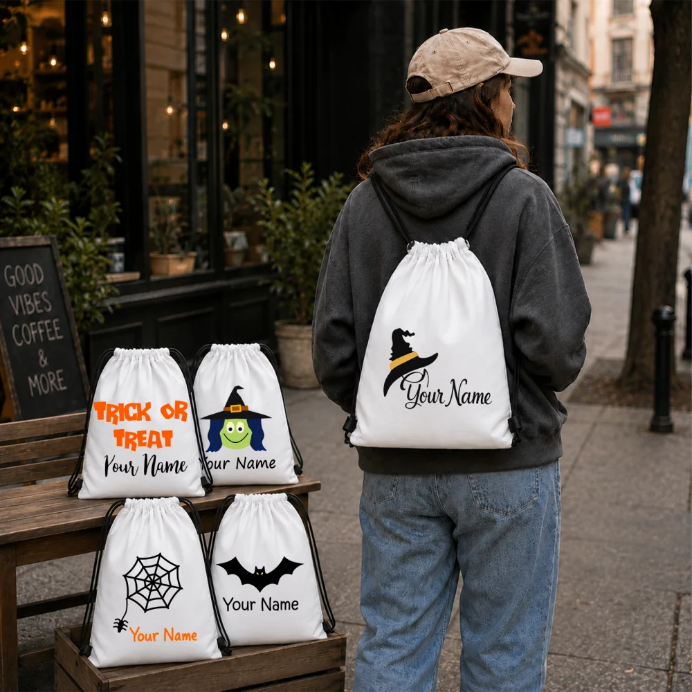 Personalized Halloween Drawstring Bags Set of 5 Custom Name Trick or Treat Candy Sack Witch Bat Halloween Party Gift Backpac