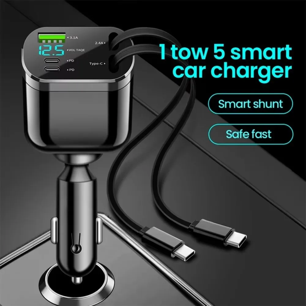 

Portable Car Charger Adapter​ Dual Type C ​5-in-1 USB Type C Car Charger​ Voltage Display Fast Charging