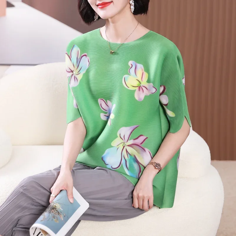 Miyake Pleated Top Mom Wear 2024 Summer New Fashion Print Loose Large Size Versatile Round Neck Short-sleeved T-shirt for Women