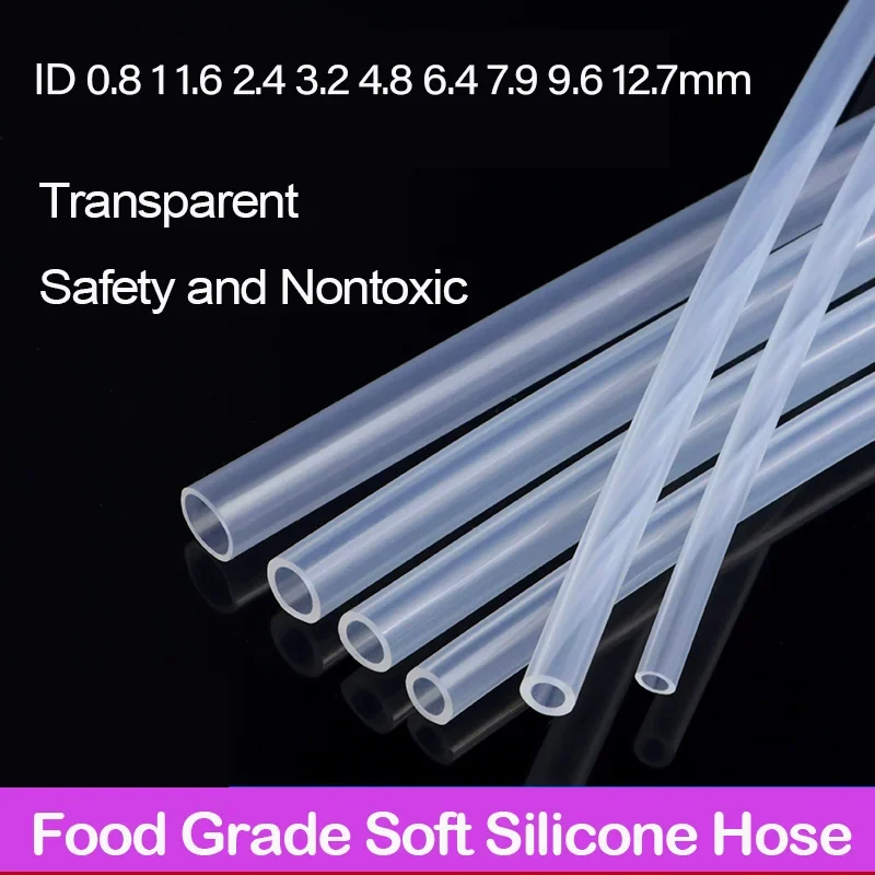 

1M Food Grade Soft Silicone Hose ID 0.8 1 1.6 2.4 3.2 4.8 6.4 7.9 9.6 12.7mm Transparent Flexible Nontoxic Peristaltic Pump Tube