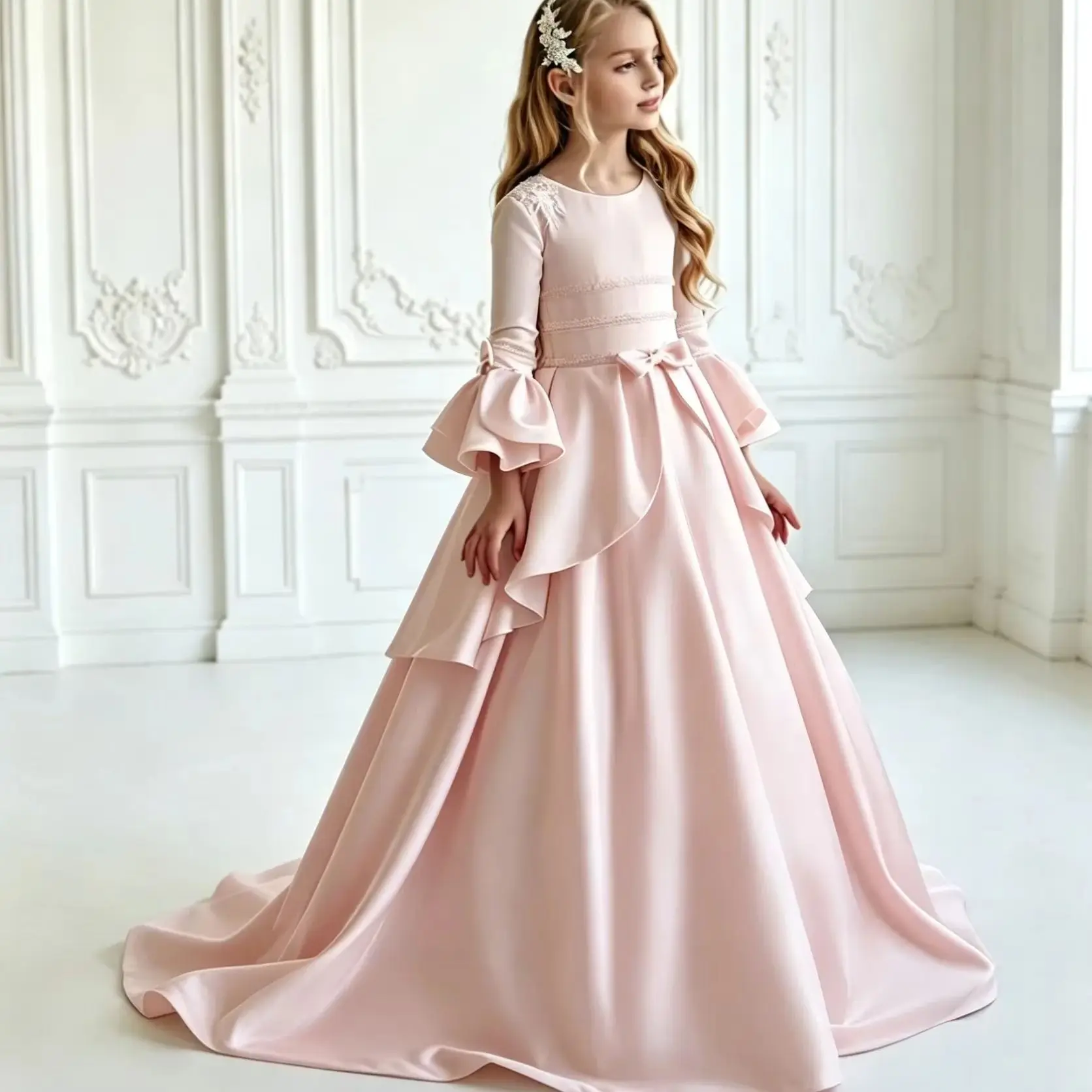 Communion Gown Long Bell Sleeve Elegant Lace Appliqué Multi-Layer Ruffle Pleated Trailing Flower Girl Gown Girls Formal Princess