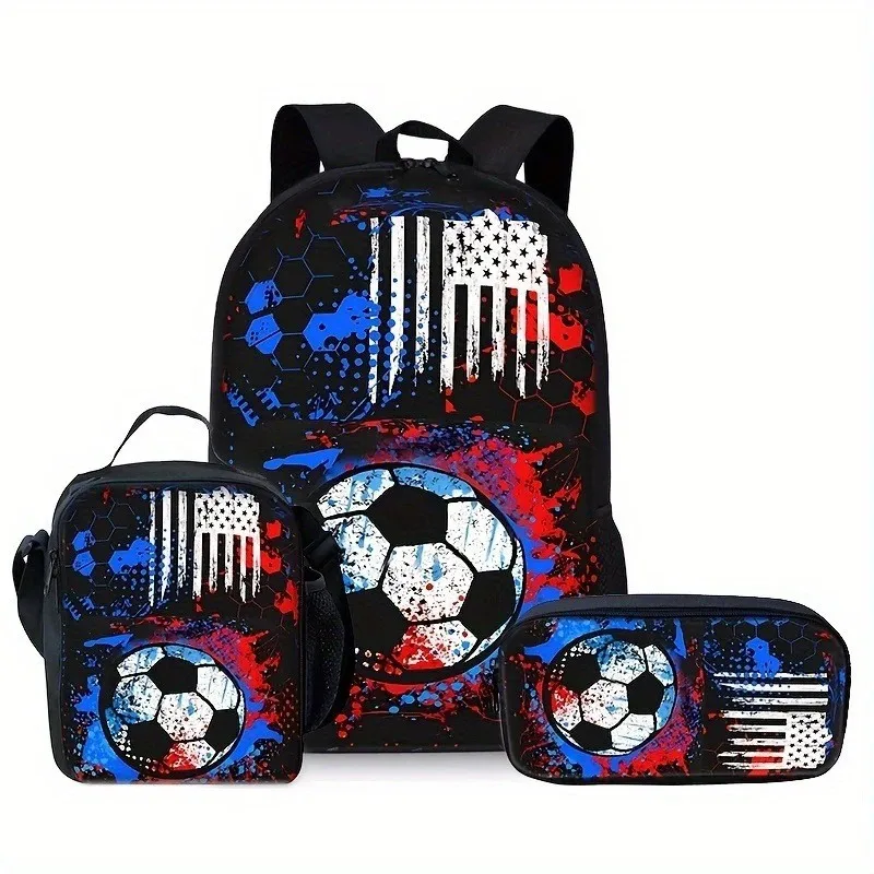 Soccer Print 3Pcs Set Backpack for Kids Boys Girls Students School Bag with Lunch Bag Pencil Case Lightweight Large Capacity