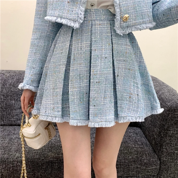 Autumn Tweed Short Jacket Coat Mini Skirt Two Piece Set WAutumnomen Outfits Vintage Tassel High Waist Pletaed Skirt Woolen Suits