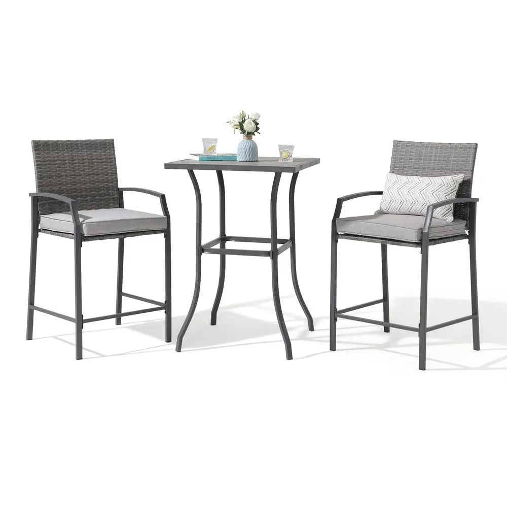 

Комплект для патио из 3 предметов: всепогодный плетеный стол-бар и стулья, 2 барных стула из ротанга с деревянной столешницей