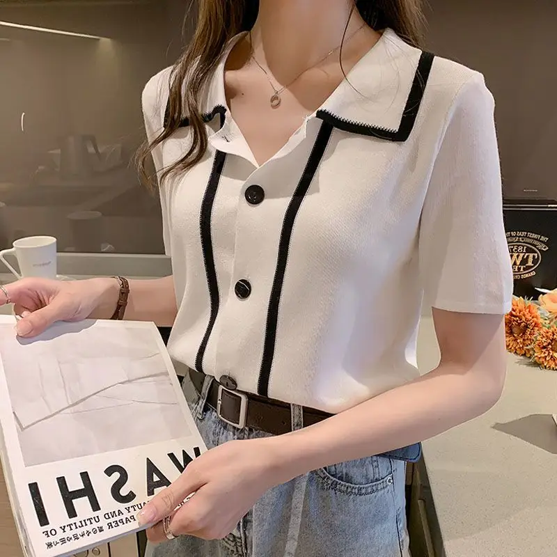 Summer New Fashionable Versatile Polo Collar Short Sleeve T-shirt Korean Style Young Style Simple and Loose Elegant Women\'s Top