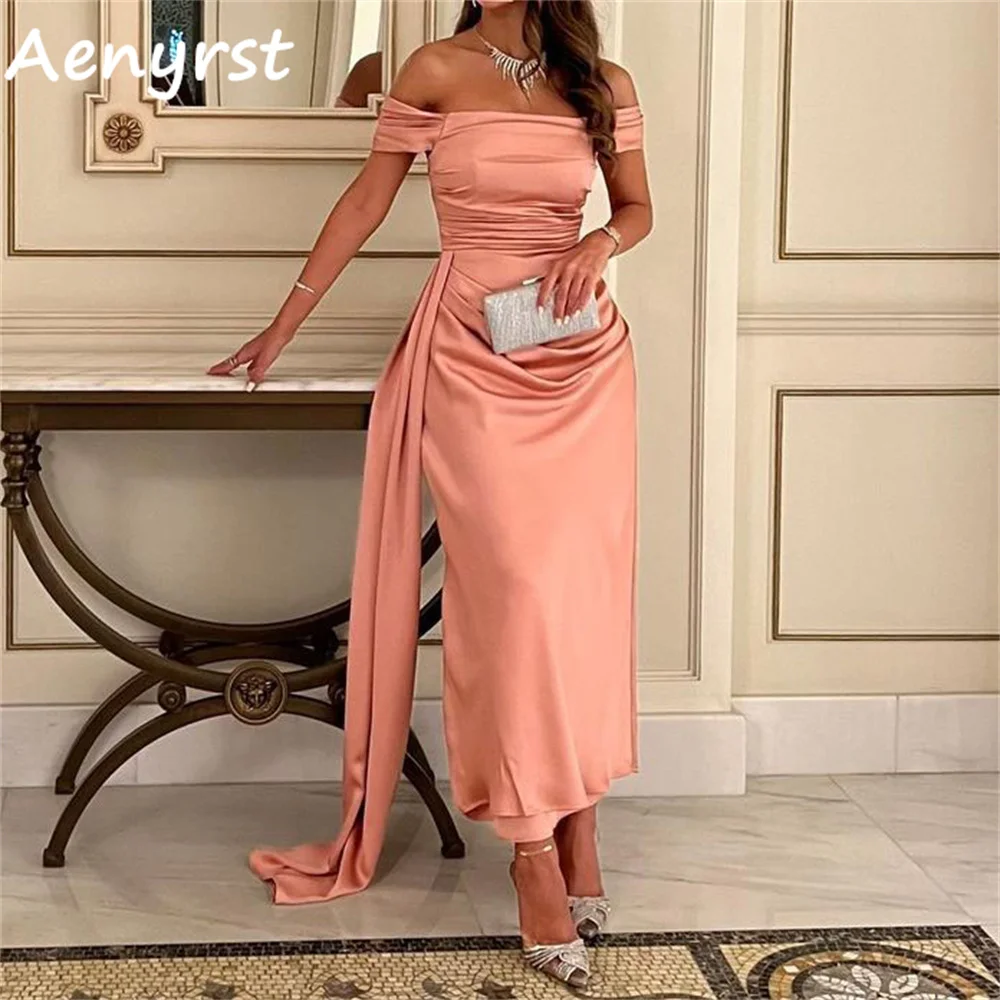 

Aenyrst Simple Off Shoulder Straight Evening Dresses Satin Pleated Ankle Length Prom Party Gowns Custom Made 2025 فساتين السهرة