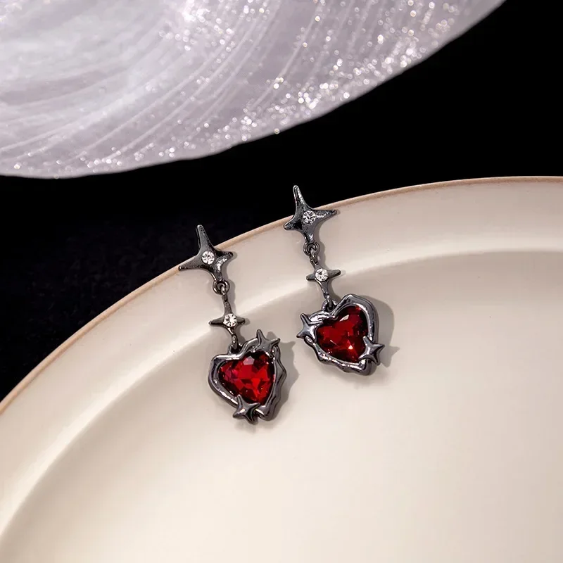 Goth Heart Cross Star Pendant Earrings Women Red Zircon Love Dangle Earring Gothic Irregular Tassel Earrings Fashion Jewelry