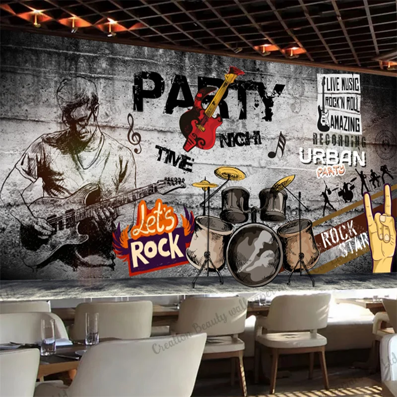 Customized Retro Rock Wallpaper Industrial Decor Mural Music Themed Restaurant Bar KTV Club Party Background Wall Paper