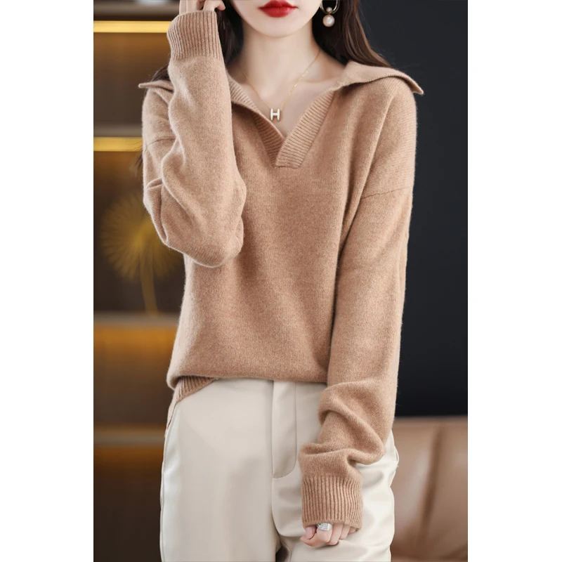 Nueva moda Otoño e Invierno suéter de lana pura Top solapa de mujer Color sólido manga larga jersey de moda suéter cálido-WRM029