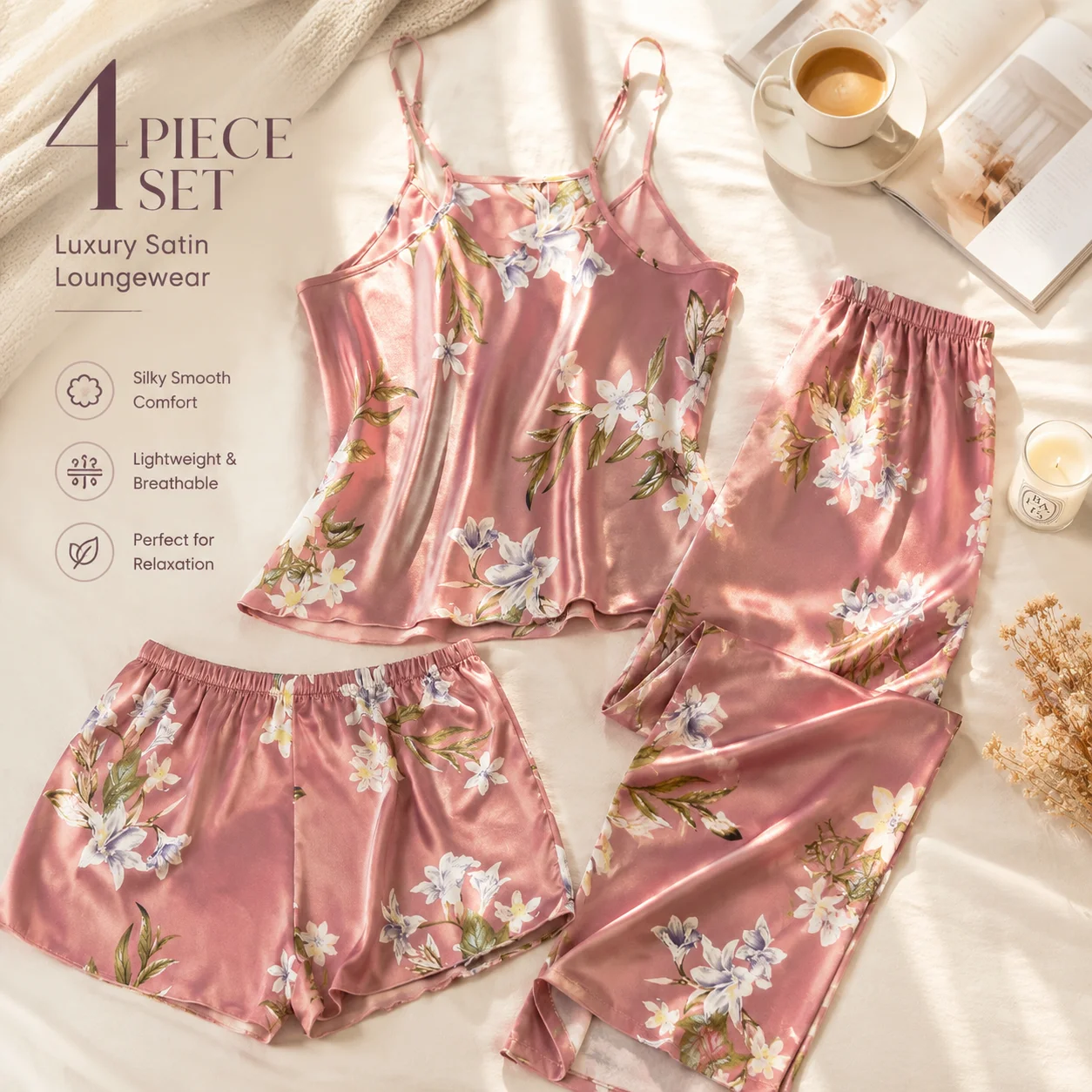 Robe Set Sleepwear Loungewear Silk Satin Floral Lace Spaghetti Strap Sleeveless Two Piece Shorts Pajamas Summer Homewear Lightwe