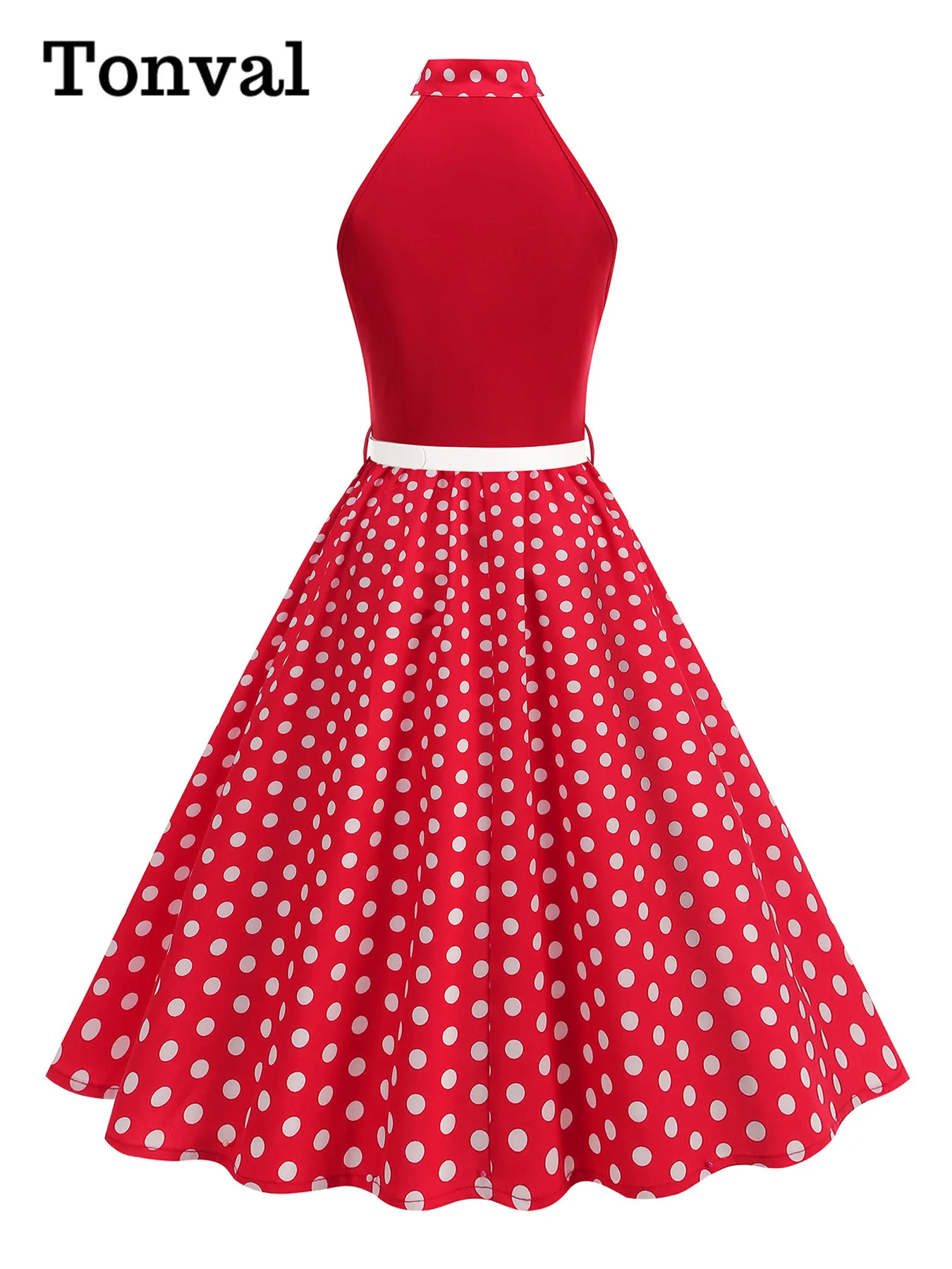 Tonval Strikhals Halter Hals Polka Dot 50s Retro Feestkleding voor Vrouwen Prom Vintage Cosplay Kerst Mouwloze Jurken