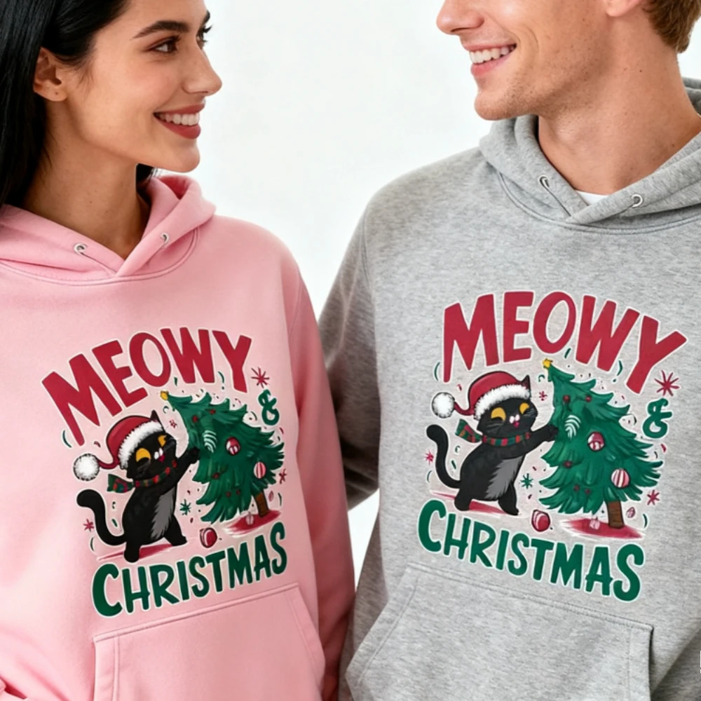 New Meowy Christmas Cat Sweatshirt Funny Cat Lover Christmas Clothing Xmas Women Men Casual Festive Holiday Hoodies Fashion Tops