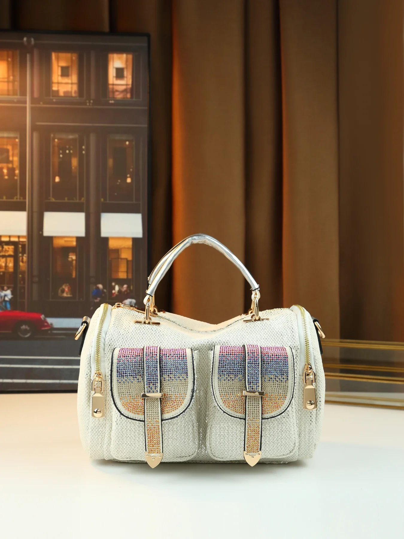 

Trendy exquisite diamond-encrusted multi-pocket design handbag women's versatile large-capacity pillow bag