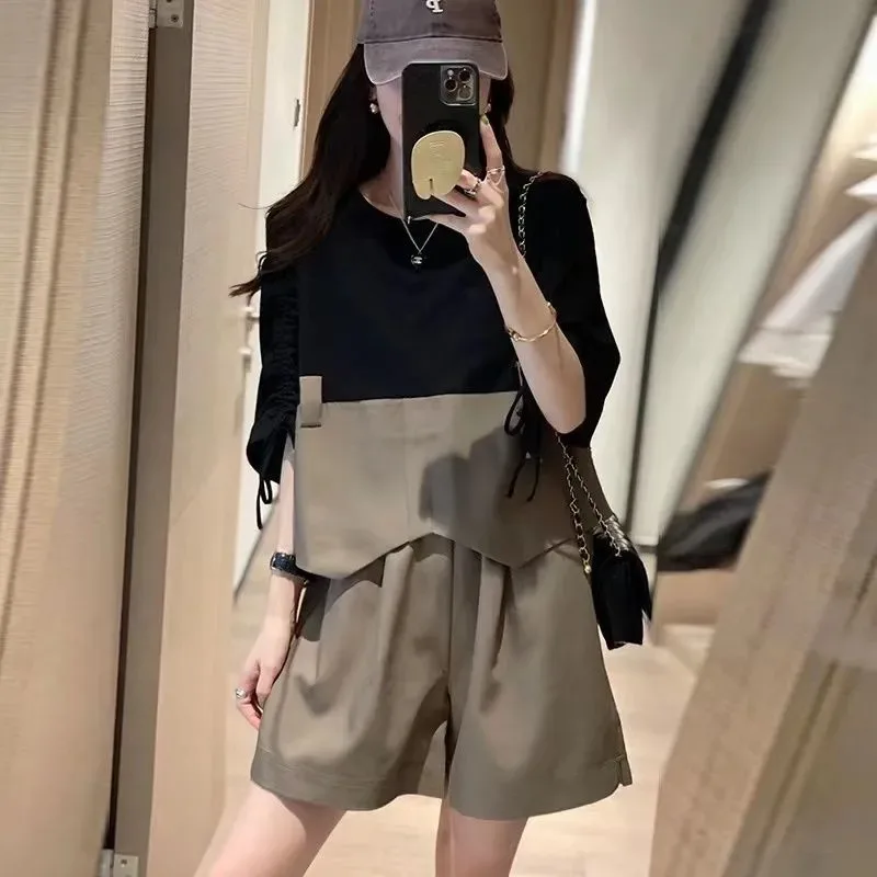 American Color Matching Fashion Age-reducing Two-piece Women's Loose Slimming Short-sleeved Shorts Suit