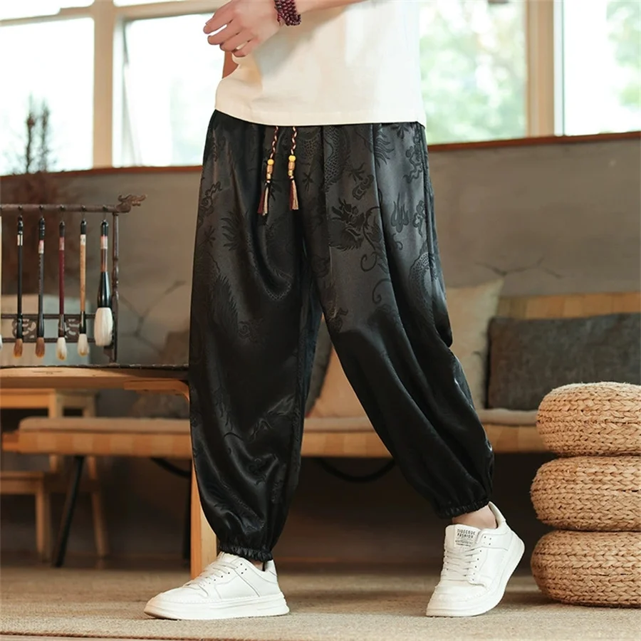 

2026 Men's Chinese Style Pants Summer Ice Silk Casual Trousers Vintage Dragon Print High Quality Loose Wide Leg Harem Pants Male