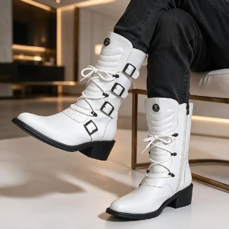 Men Western Motorcycle Boots Black White Side Zipper Men High Heel Buckle Comfortable Fashion Chelsea Boots Sizes 38-46