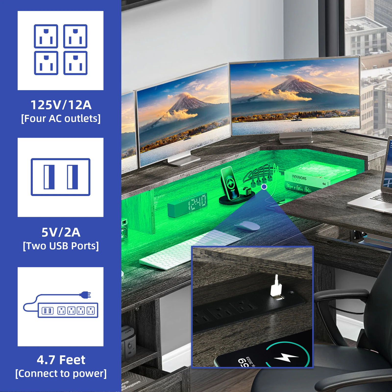 59" L Shaped Office Computer Desk Lift Top File Drawers LED Light Power Outlet