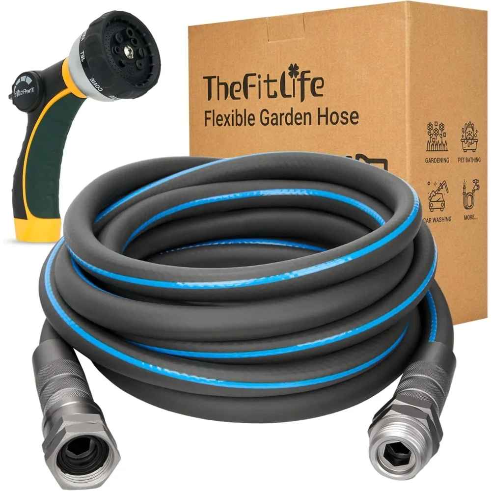 TheFitLife Garden Hose 50 FT - 50FT Flexible Water Hose with Nozzle and Metal Fittings