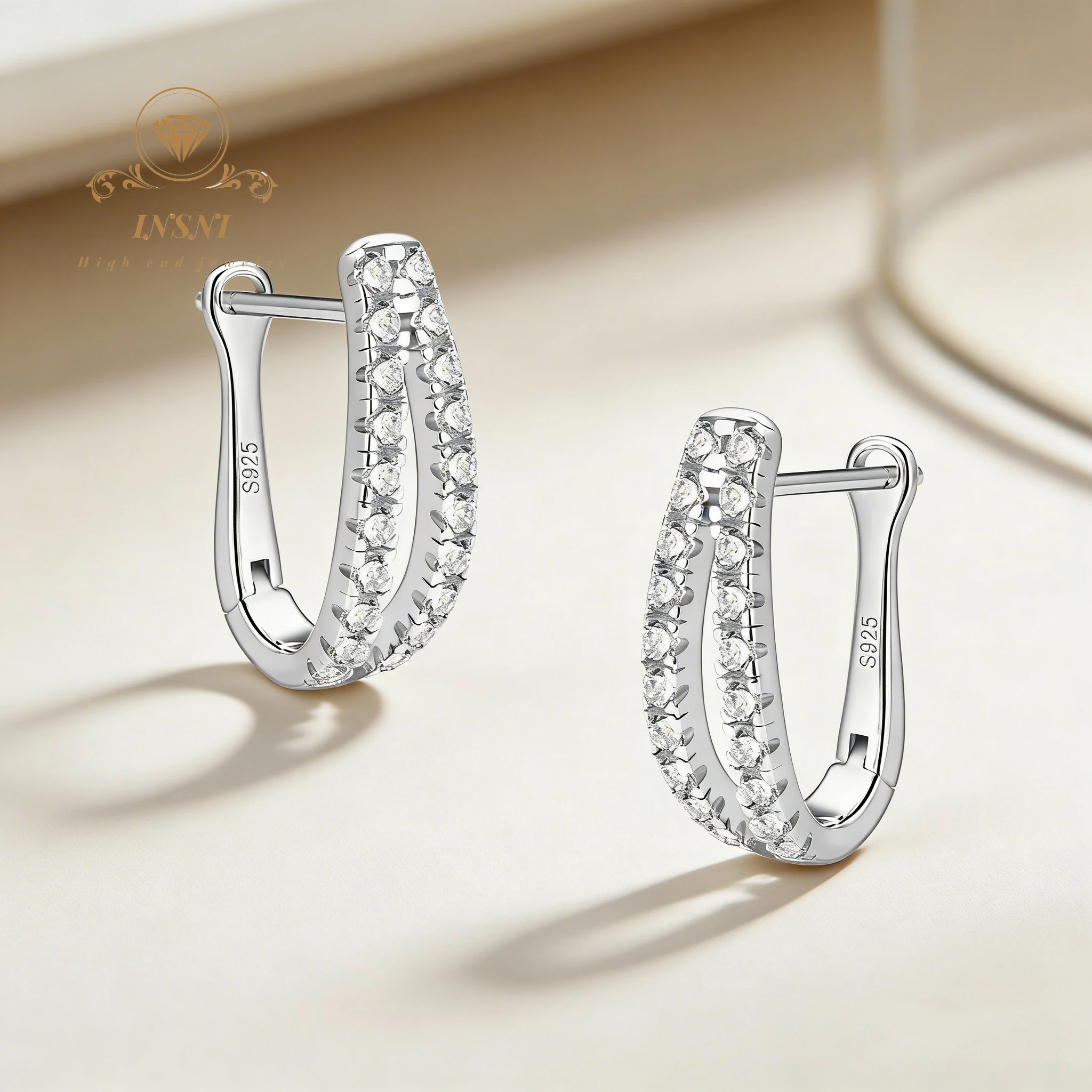 Double Row Diamond Inlaid Moissanite U-shaped Silver Ear Buckle  Luxury Chic Hand-Inlaid   Certified Jewelry Women Gift