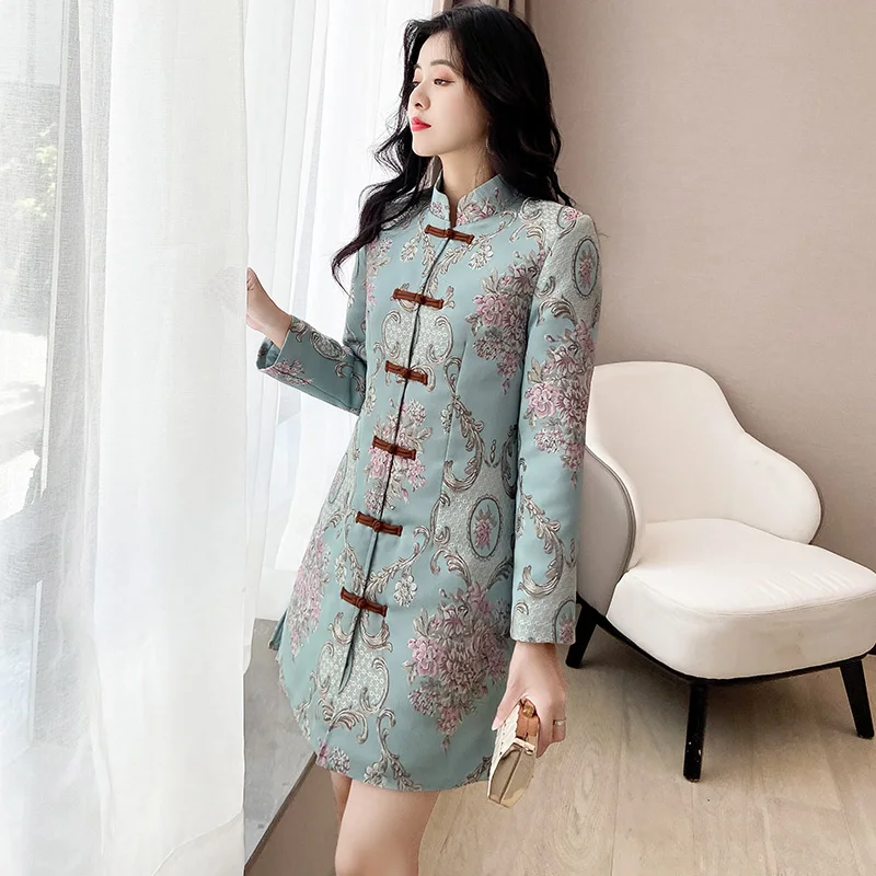 

Retro Sle Embroidered Cotton Blend Dr Mid-Length Women's Faionable Daily Wear Low Slit Long Sve Gown