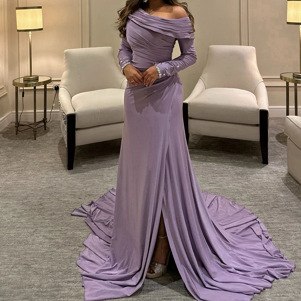 

Customized Fashion Crystal Draped Boat Neck Floor Length Side Slit Evening Dress A-Line Jersey Long Sleeves Vestidos De Fiesta