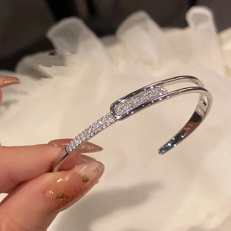 Silver Plated Micro Zircon Open Bangle For Women 2023 Korean Simple Design Hollow Versatile Bracelet Wedding Jewelry Party Gift